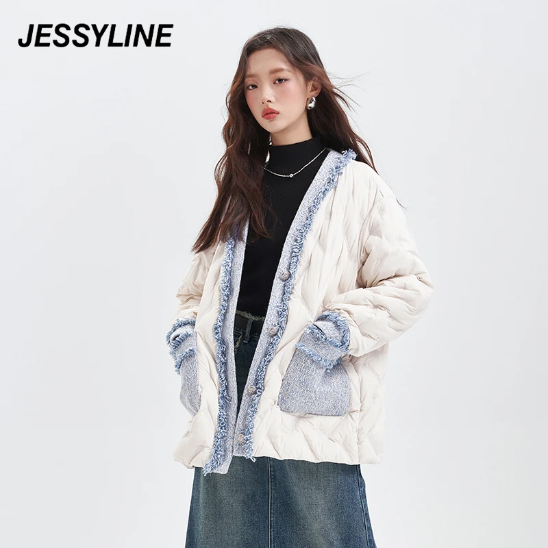 【黄蓉推荐】jessyline 杰茜莱冬季新款米白撞色羽绒服通勤
