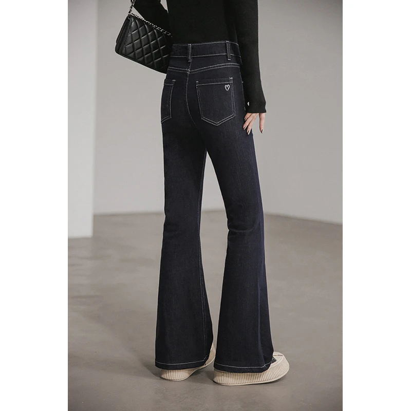 【季末折扣】长腿微喇裤爱心刺绣明线装饰修身不紧绷常规/