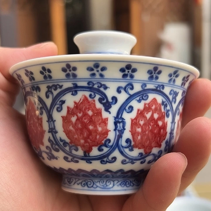 瓷片O****！青花釉里红元宝盖碗满绘