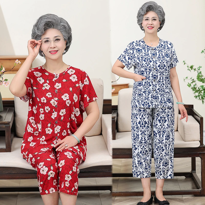 夏季碎花短袖中老年棉绸睡衣女士妈妈薄款九分裤夏宽松家居服套装