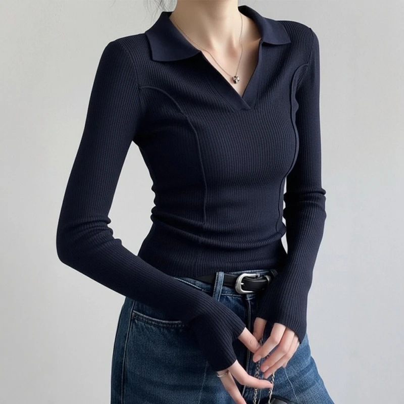 法式藏青polo衫翻领针织打底衫女秋冬毛衣内搭高级感气质长袖上衣