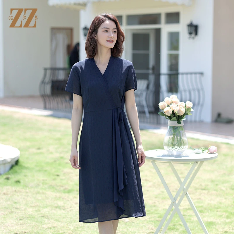 佐尔美夏季气质显瘦收腰桑蚕丝真丝乔其提花纯色连衣裙女E12LS98