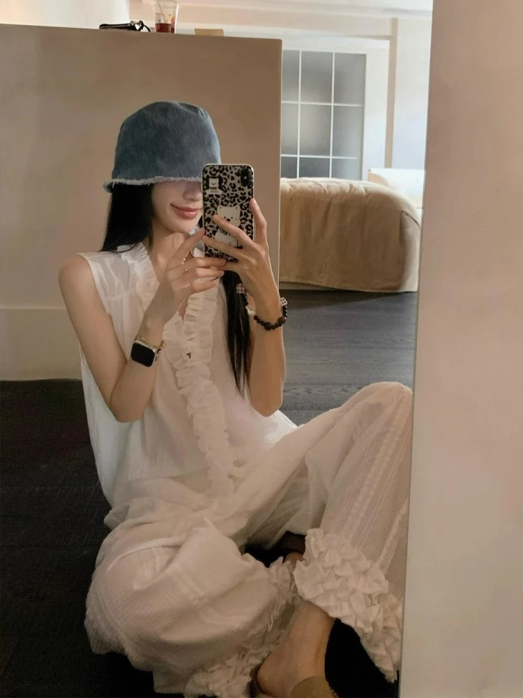 【DMXJ大梦想家】法式复古花边睡衣女夏季新款高腰阔腿裤家居服套装