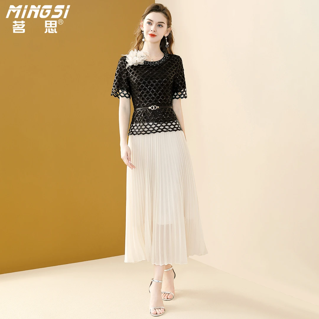 茗思正式场合连衣裙夏季2025新款名媛气质假两件洋气拼接百褶裙子