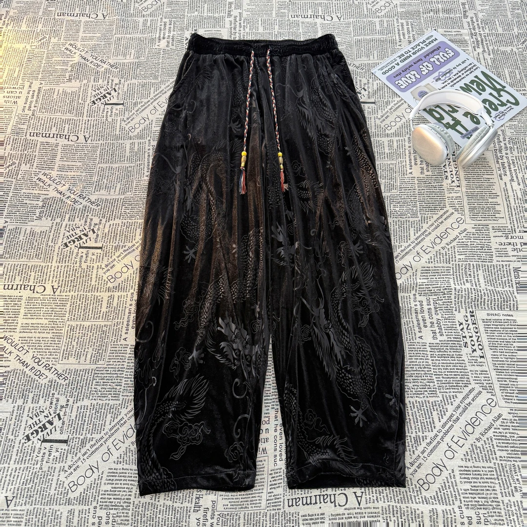 慵懒风山本裤男秋季中国风龙纹提花阔腿灯笼裤大码宽松金丝绒长裤