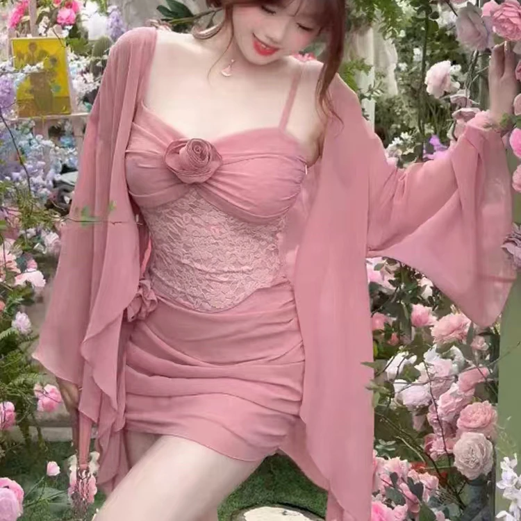 3572-2025年夏季新款时尚纯欲风显瘦吊带裙+外披两件套