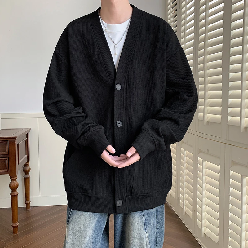 2025秋季新款纯色纹理V领针织开衫男士宽松休闲老钱风外套上