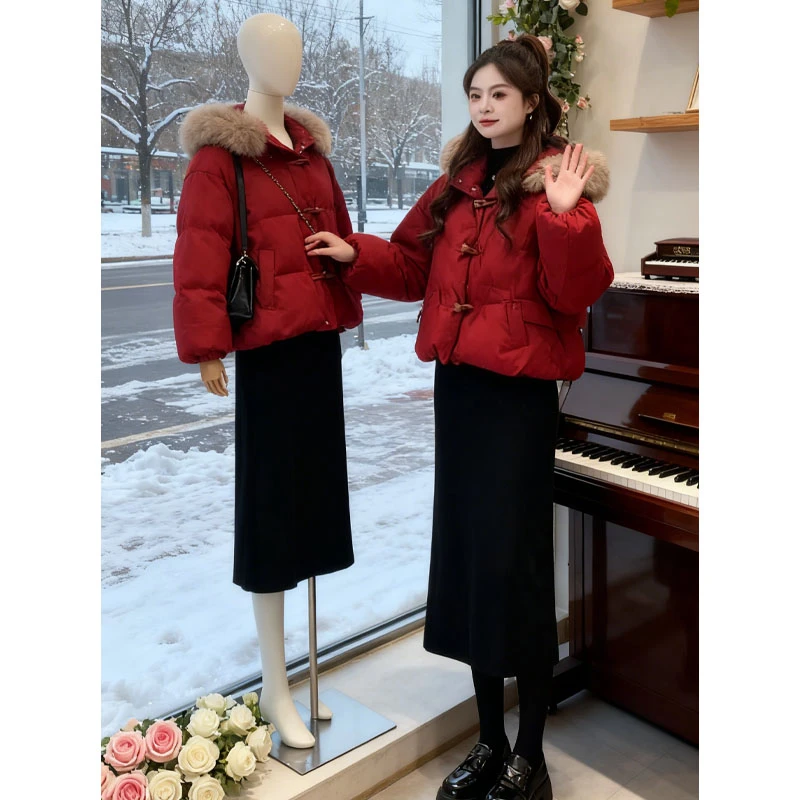 【现货】冬季穿搭一整套女装韩版连帽毛领红色棉服外套半身裙两件套