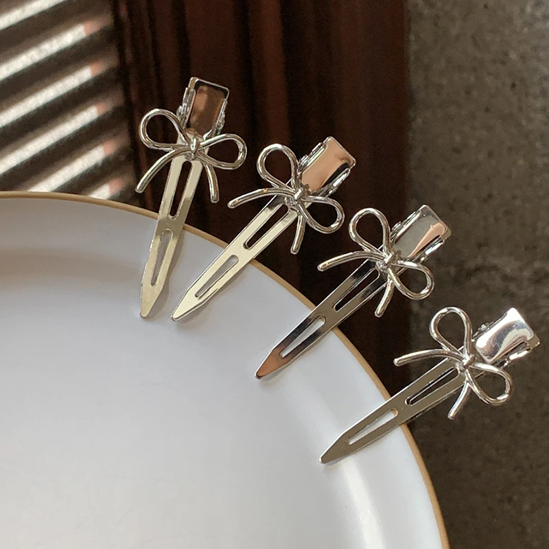 金属银色蝴蝶结无痕发夹边夹侧边 ins新款高级感精致碎发鸭嘴夹