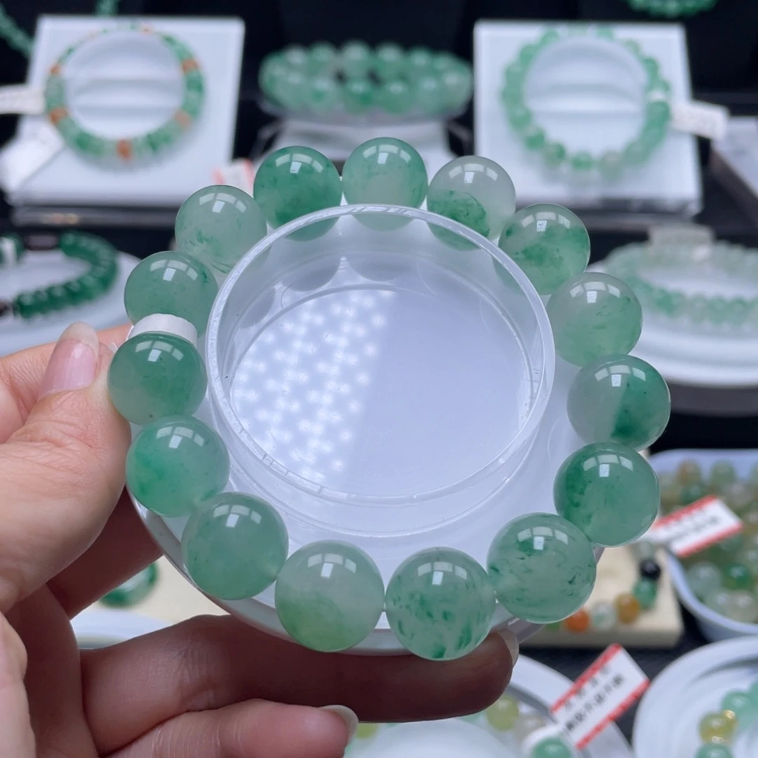 石英质玉（非洲翠）未镶嵌手串卡14，冰果绿，精品