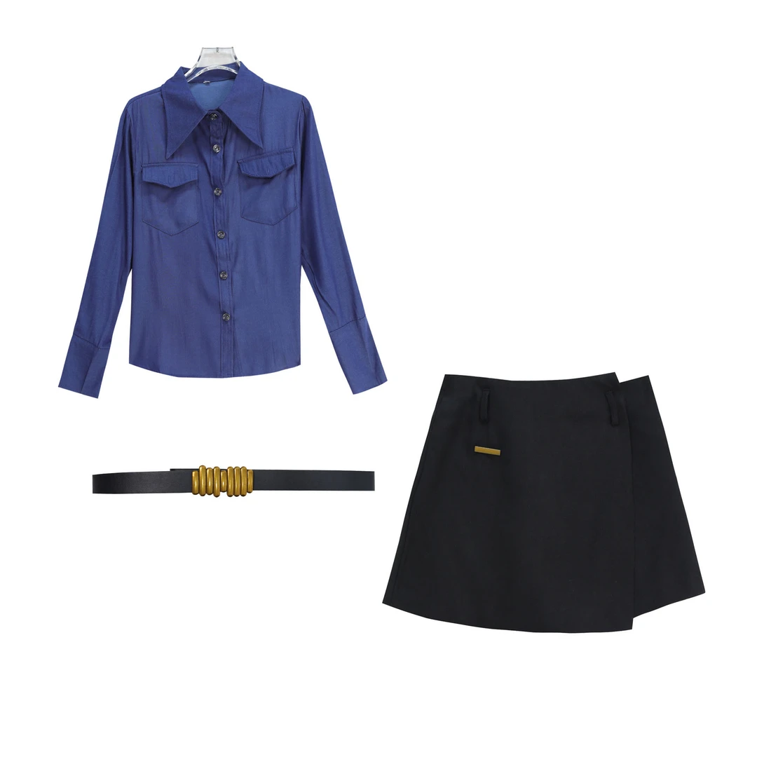 翻领仿牛仔衬衫设计感裙裤套装（赠腰带）S2482