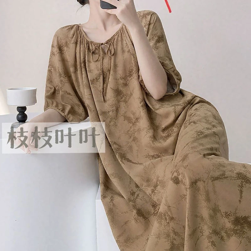 新中式国风睡衣女夏复古中长款水墨晕染圆领睡裙可外穿家居服