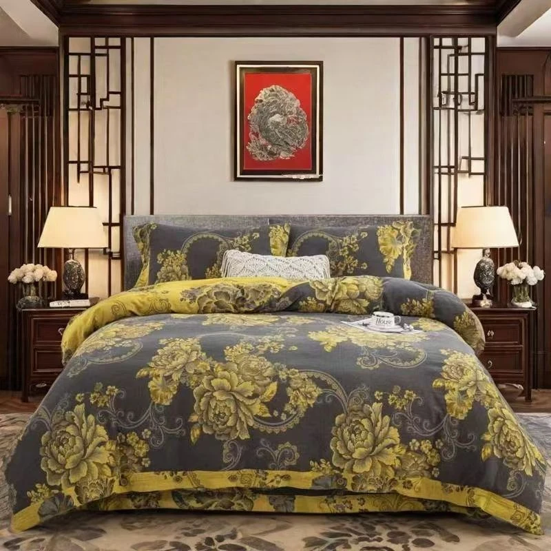 【黑金牡丹】--高端轻奢印花加厚A类织提花纽扣款全棉双层纱四件套