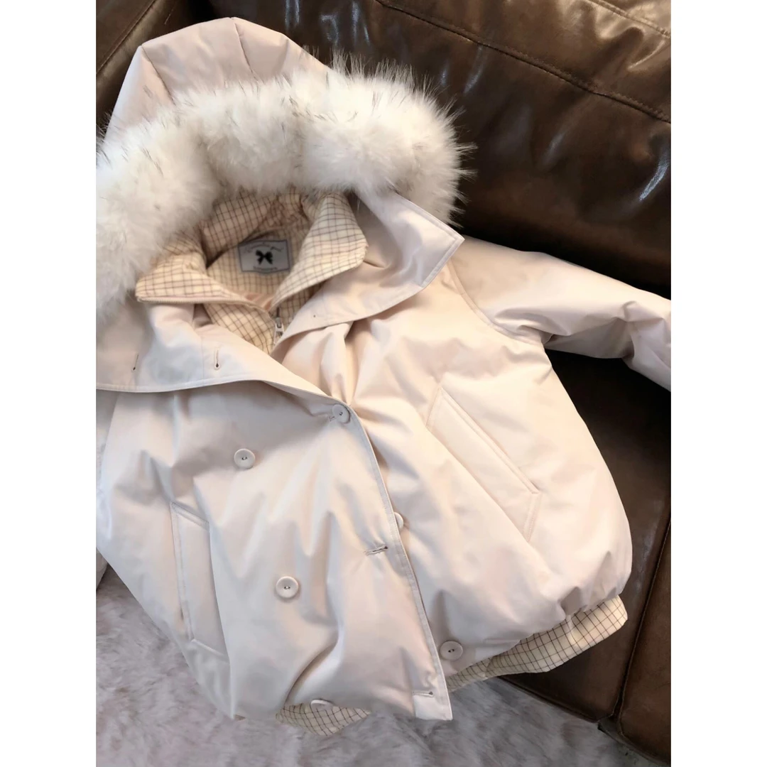 粉色格纹假两件毛领棉服女冬季加厚保暖韩系宽松短款连帽棉衣外套