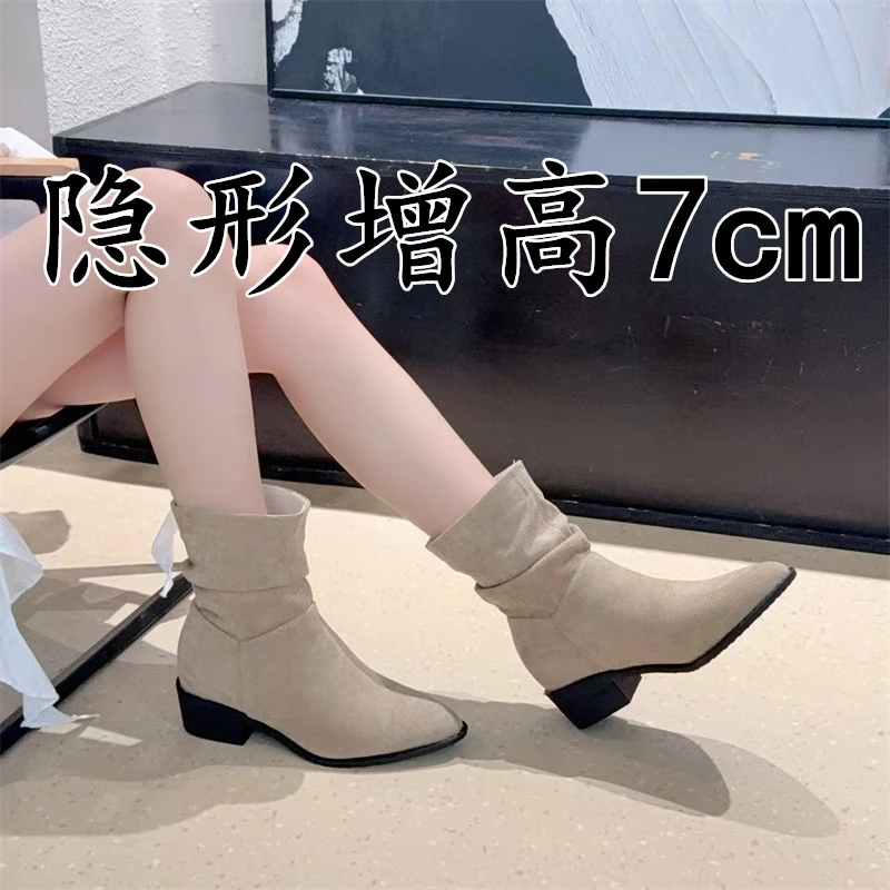 牛皮版~内增高7cm马丁靴女小个子粗跟复古褶皱堆堆靴西部牛仔短靴