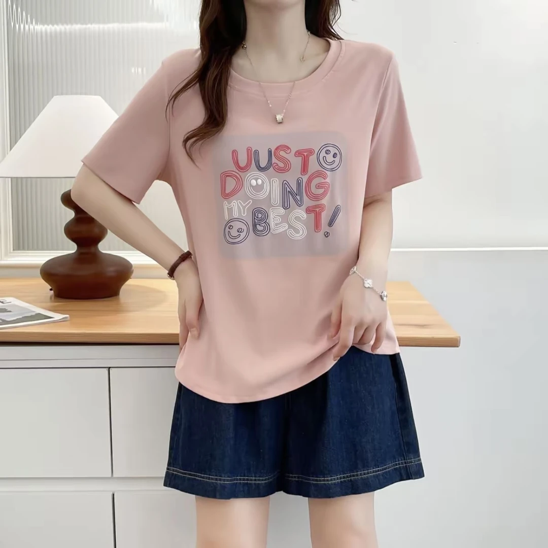 夏季新款2025大码洋气显瘦宽松时尚纯欲遮肉短袖T恤印花百搭圆领