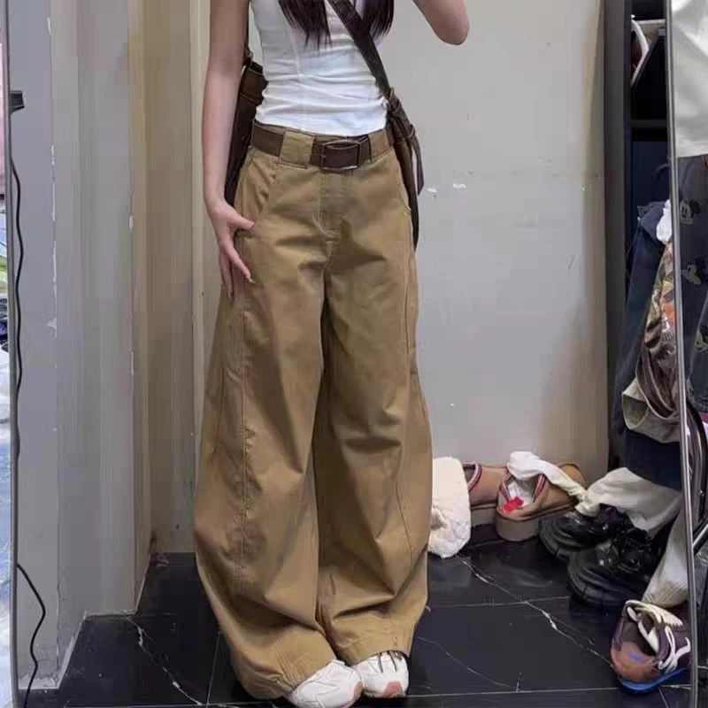 美式复古卡其色弯刀裤男女新款设计感宽松水洗拼接裁剪长裤