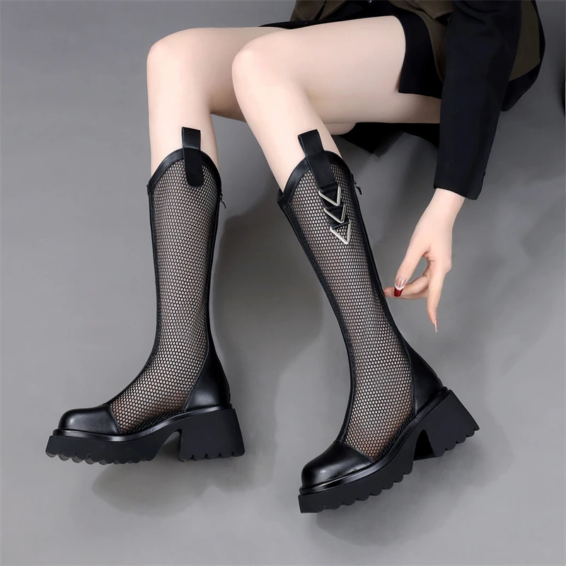 夏天网靴女2025新款镂空高筒骑士靴厚底增高薄款长靴不过膝凉靴子