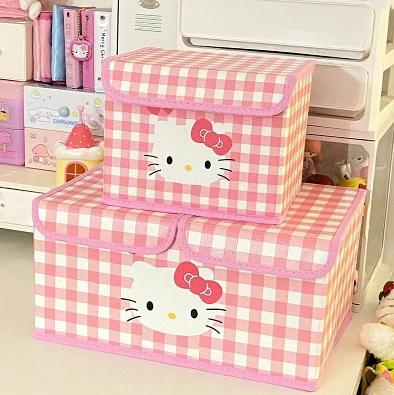 折叠哈喽KT收纳箱桌面储物盒化妆品可爱凯蒂猫女学生宿舍带盖