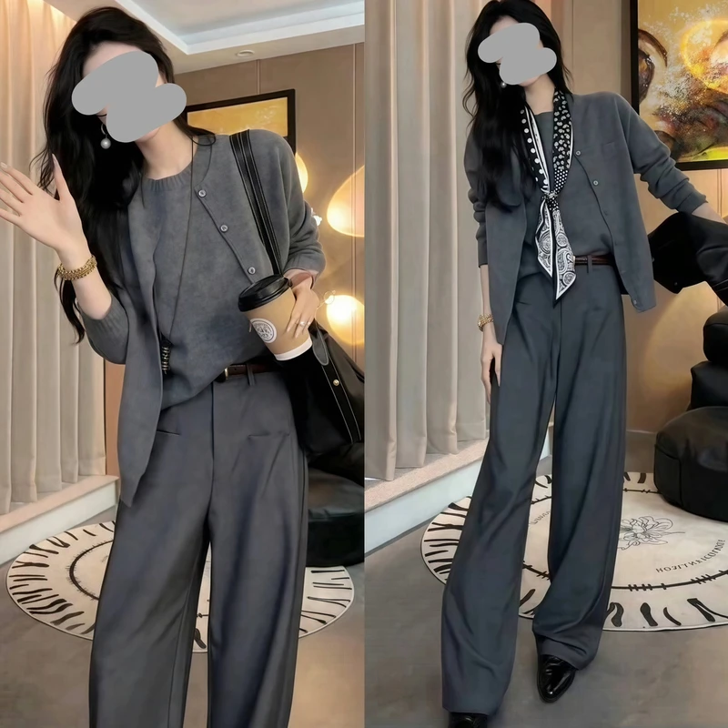 2024秋冬宽松显瘦简约背心针织开衫外套休闲百搭时尚西装裤直筒裤