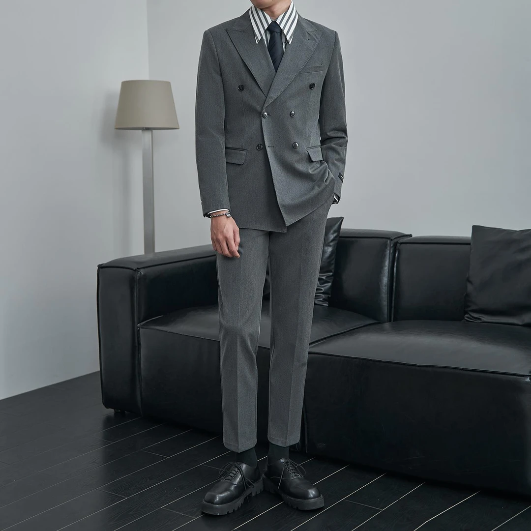 戗驳领双排扣西装套装男婚礼时尚休闲商务职业正装新郎西服英伦风