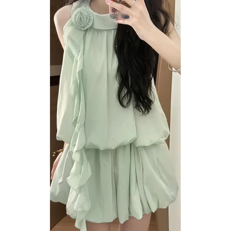 绝美薄荷绿无袖上衣套装女夏季2025新款高腰蓬蓬花苞短裙子两件套