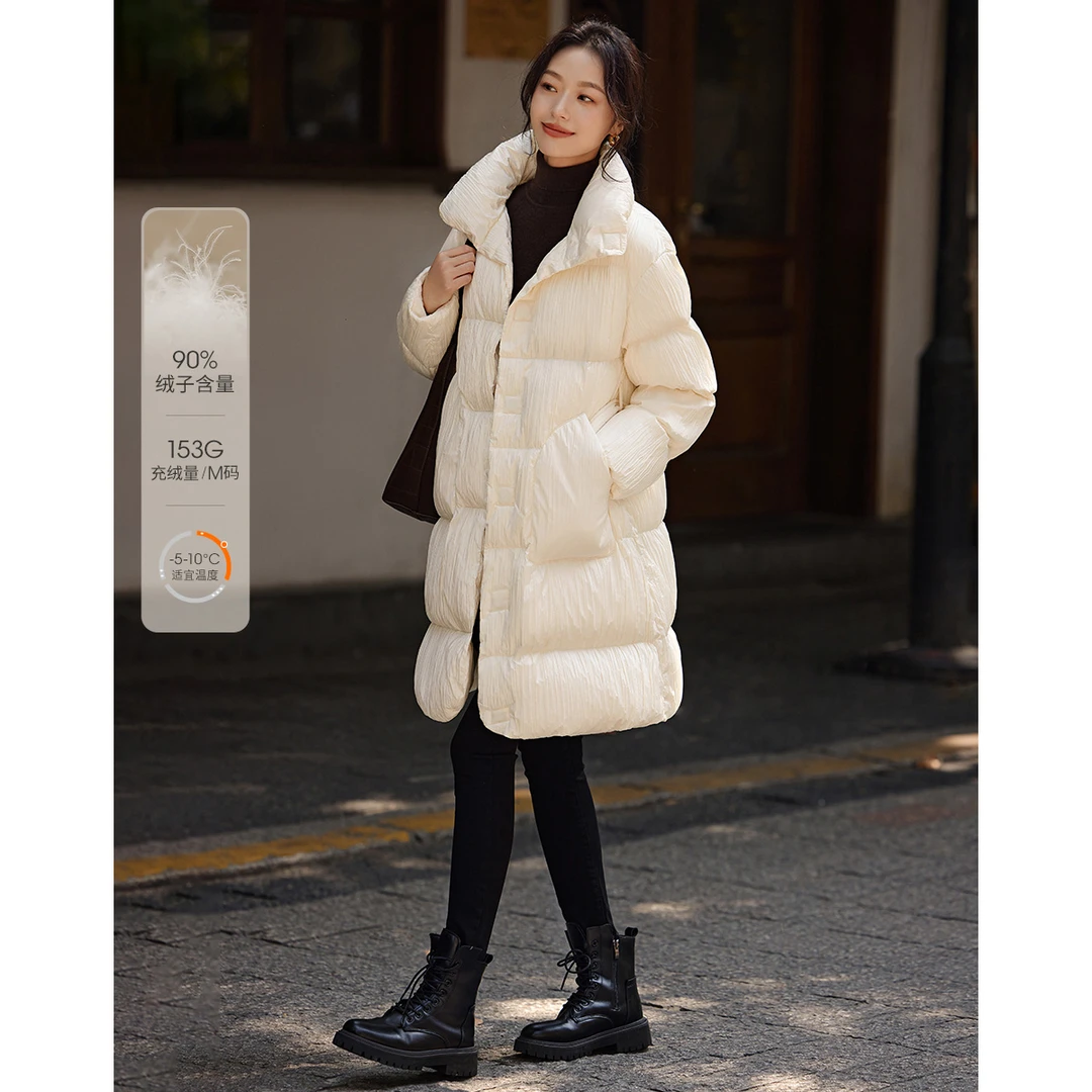沫晗依美【直播】保暖中长羽绒服2025冬季蓬松褶皱面料时装女羽绒服