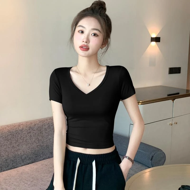 莫代尔黑色V领短版t恤短袖女夏冰丝紧身露脐上衣高腰面膜薄款半袖