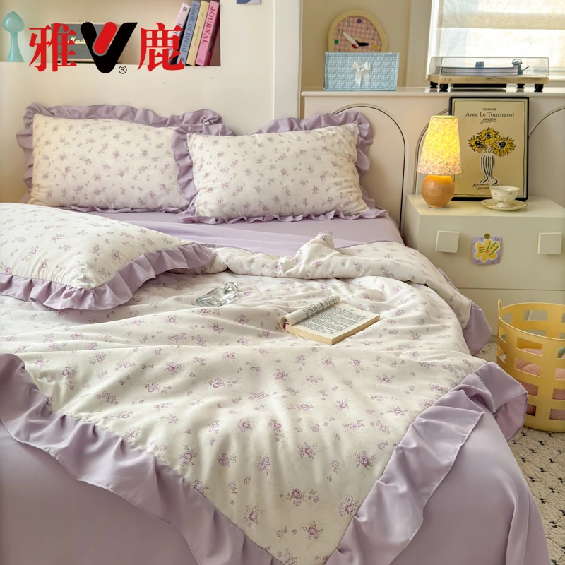 V/雅鹿花边夏被四件套-A类针织双层纱印花夏凉被可机洗裸睡单人床