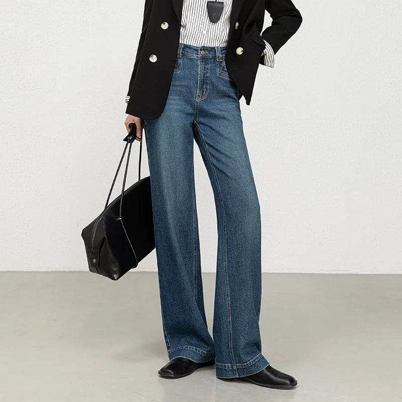 妙语高棉牛仔裤女高腰直筒裤2025年秋季新款时尚窄版阔腿裤
