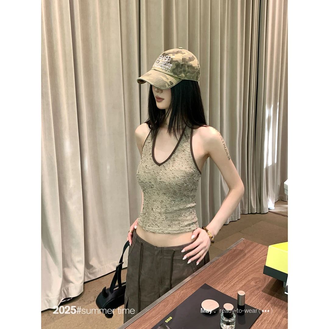 SUNONEONE 立体肌理感编织提花上衣女夏季网格挂脖吊带背心D0172D