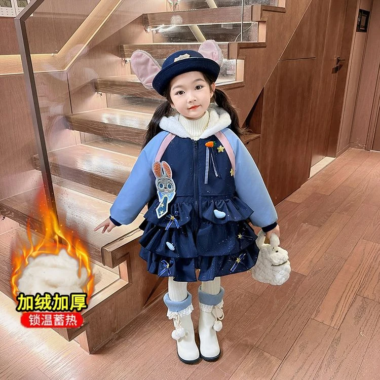 女童外套冬季兔子警官加绒棉服2025新款儿童洋气宝宝冬装加厚棉衣