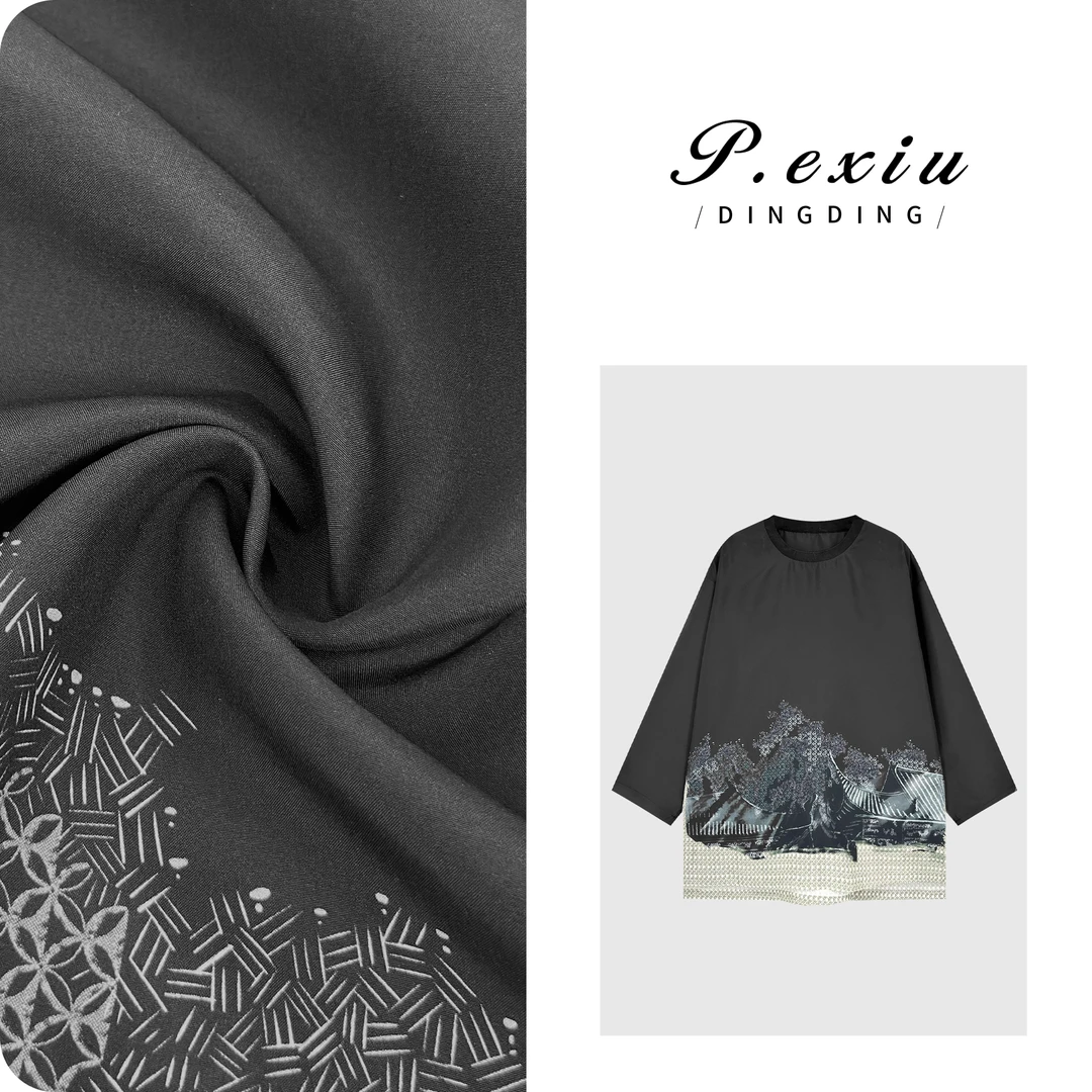 PanYiXiu/潘依绣【蓝与黑】100%桑蚕丝轻奢高级印花长袖衬衫W-62967