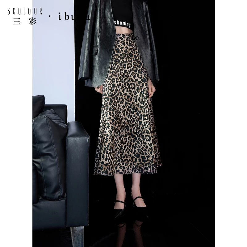 三彩ibudu2025春季新款豹纹印花松紧高腰半身裙长裙鱼尾A字
