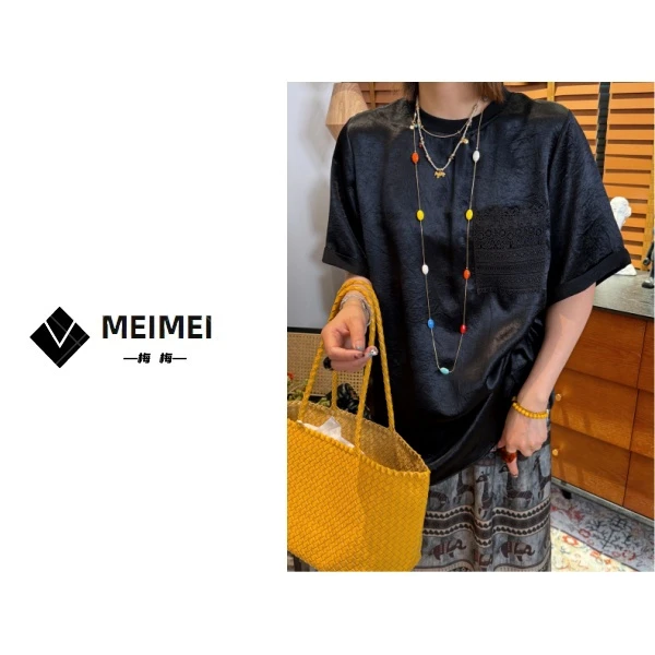 XMM.【口袋钩花醋酸短袖】时尚百搭潮流显瘦洋气宽松休闲简约GZ7052