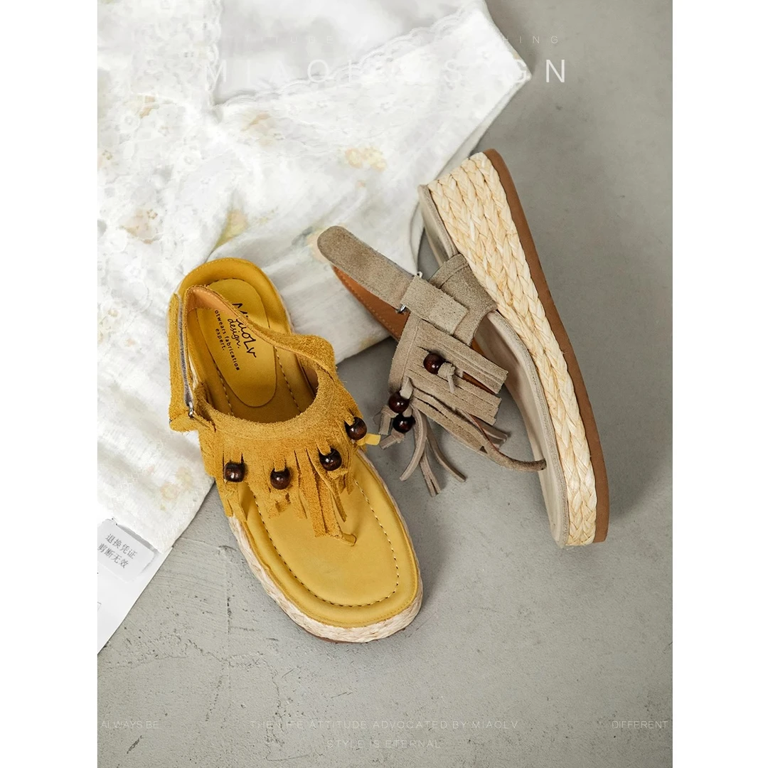 「妙侣」半岛铁盒~厚底流苏罗马凉鞋女夏季外穿草编增高夹趾凉拖