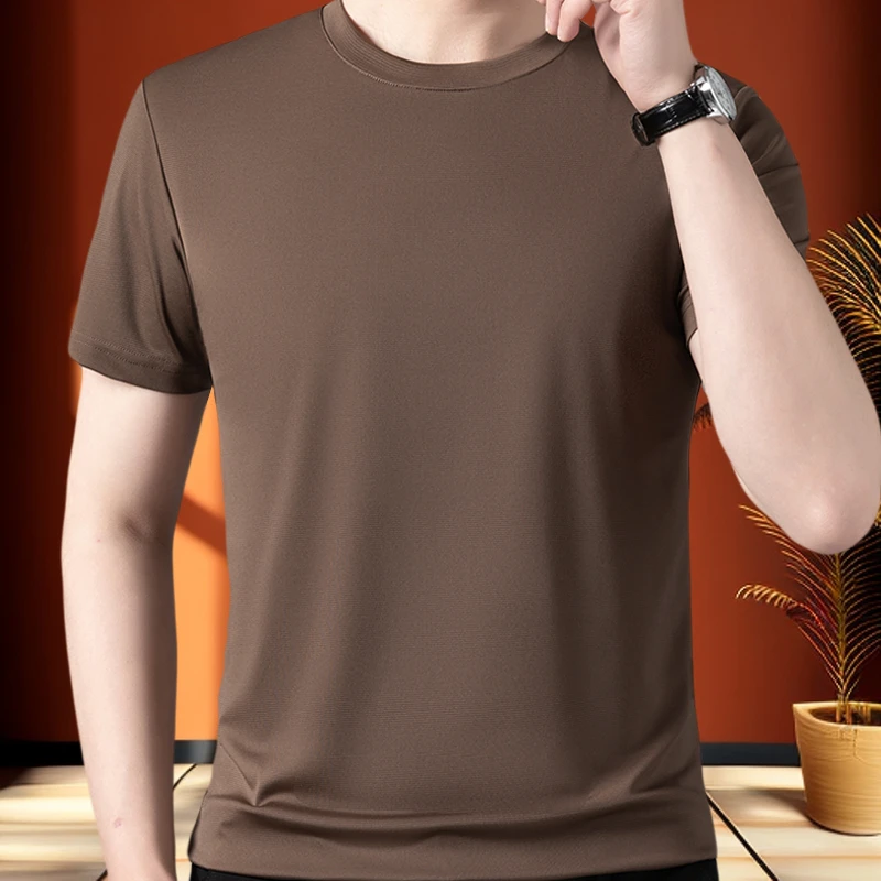 【桑蚕丝】皮尔卡丹男士短袖圆领T恤锦氨无痕打底上衣净版简约高弹