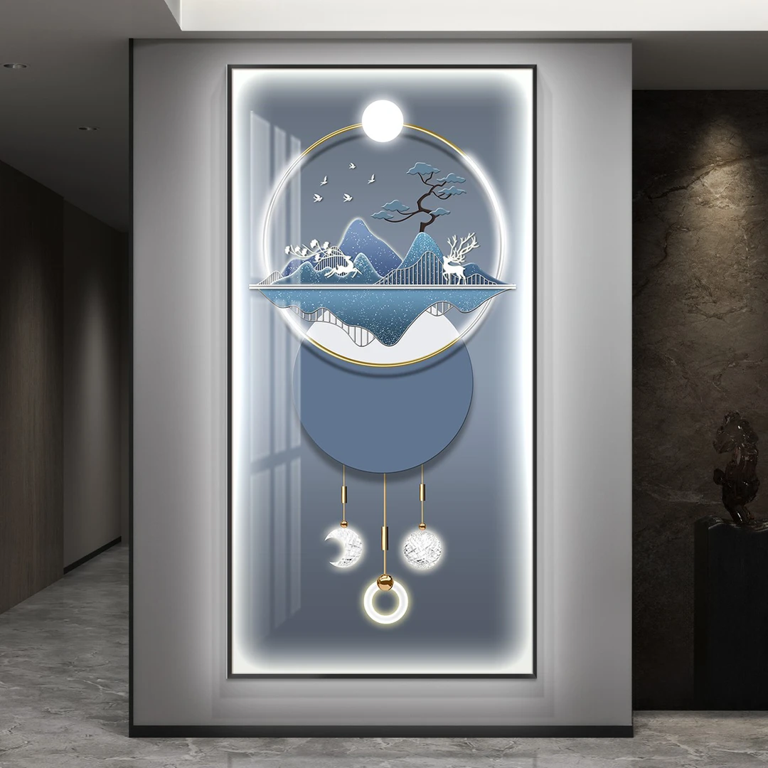 led带灯轻奢入户玄关装饰画走廊过道竖版挂画简约现代壁画高级感