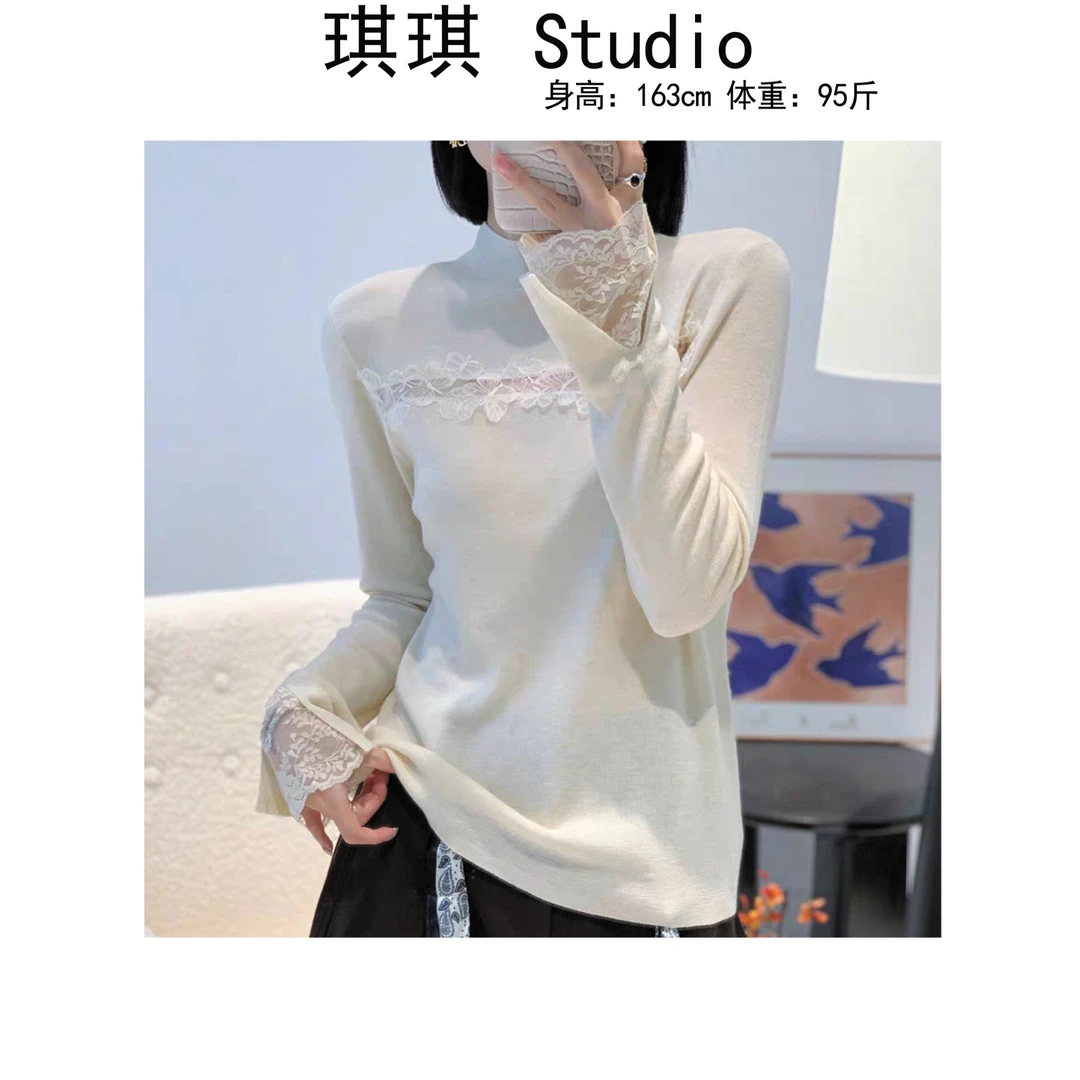 《琪琪家》冬季新款高级感拼接蕾丝提花舒适亲肤减龄针织上衣633-O