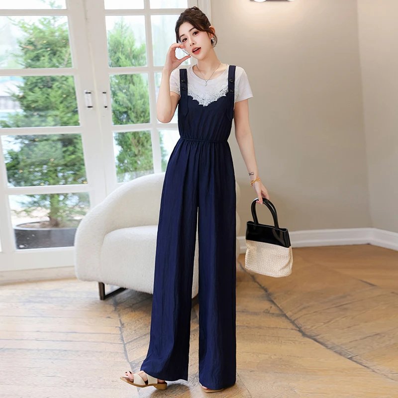 洋气牛仔背带阔腿裤套装女夏2025年夏季新款时尚高腰吊带连体裤潮