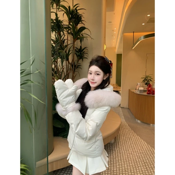【梦梦定制】新款来袭大毛领连帽羽绒服女袖口毛毛加厚白鸭绒外套