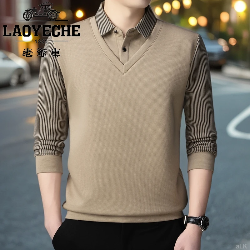 老爷车秋冬季中年男士保暖加厚毛衣衬衫领假两件针织打底衫上衣
