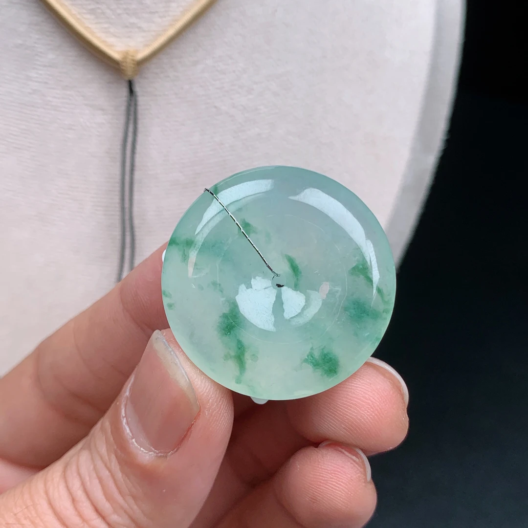 缅甸天然A货翡翠冰飘绿花平安扣吊坠 尺寸31.1-6.6mm饱满通透