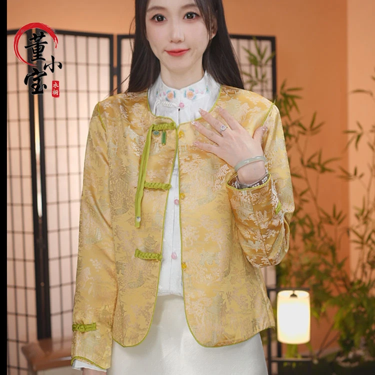 [亭台楼阁]新款宋锦流苏外套圆领显瘦上衣新中式国风潮款外套