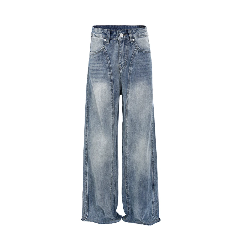 【Q】2025新款高腰复古水洗拼接磨白宽松弯刀牛仔裤Q254119