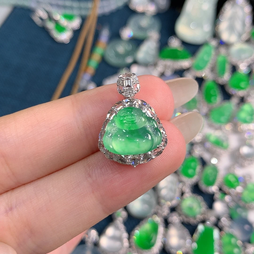 翡翠18K金镶嵌颈饰玻璃种木那金丝翠佛公 48小时鉴赏期