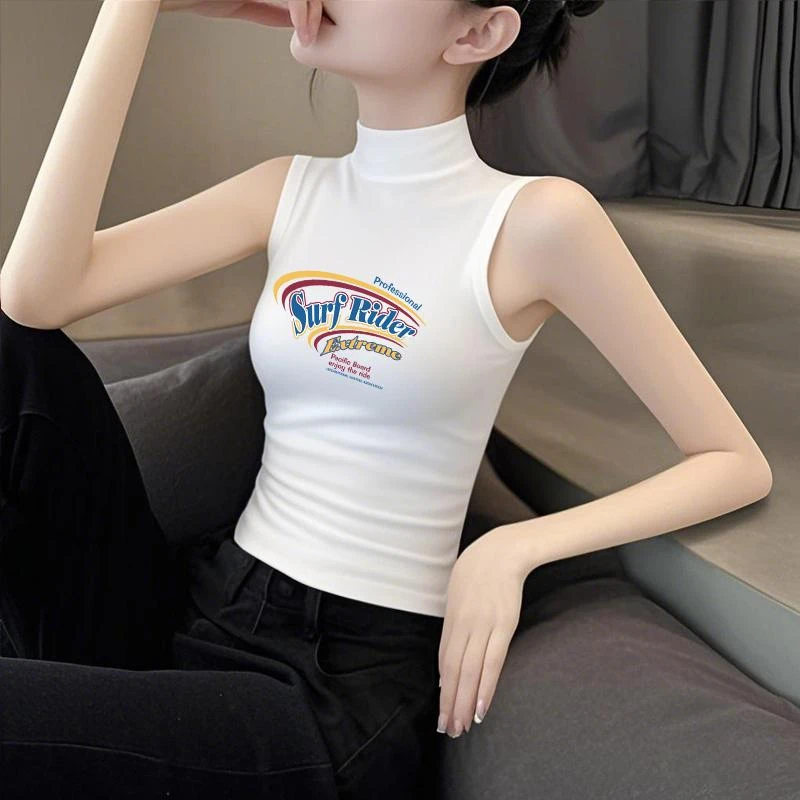 莫代尔夏季新款半高领白色短款打底内搭女吊带背心紧身印花无袖潮