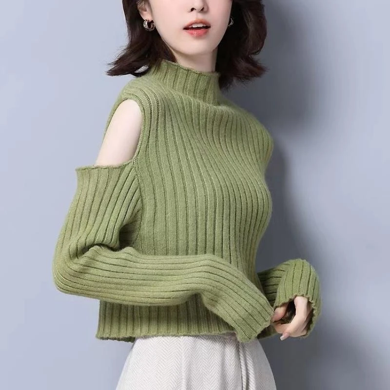 2023秋冬季新款半高领针织衫女露肩宽松毛衣短款高腰洋气小衫上衣