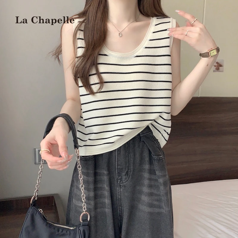 拉夏贝尔冰丝针织衫条纹吊带背心女夏季大码遮肚显瘦遮肉无袖上衣