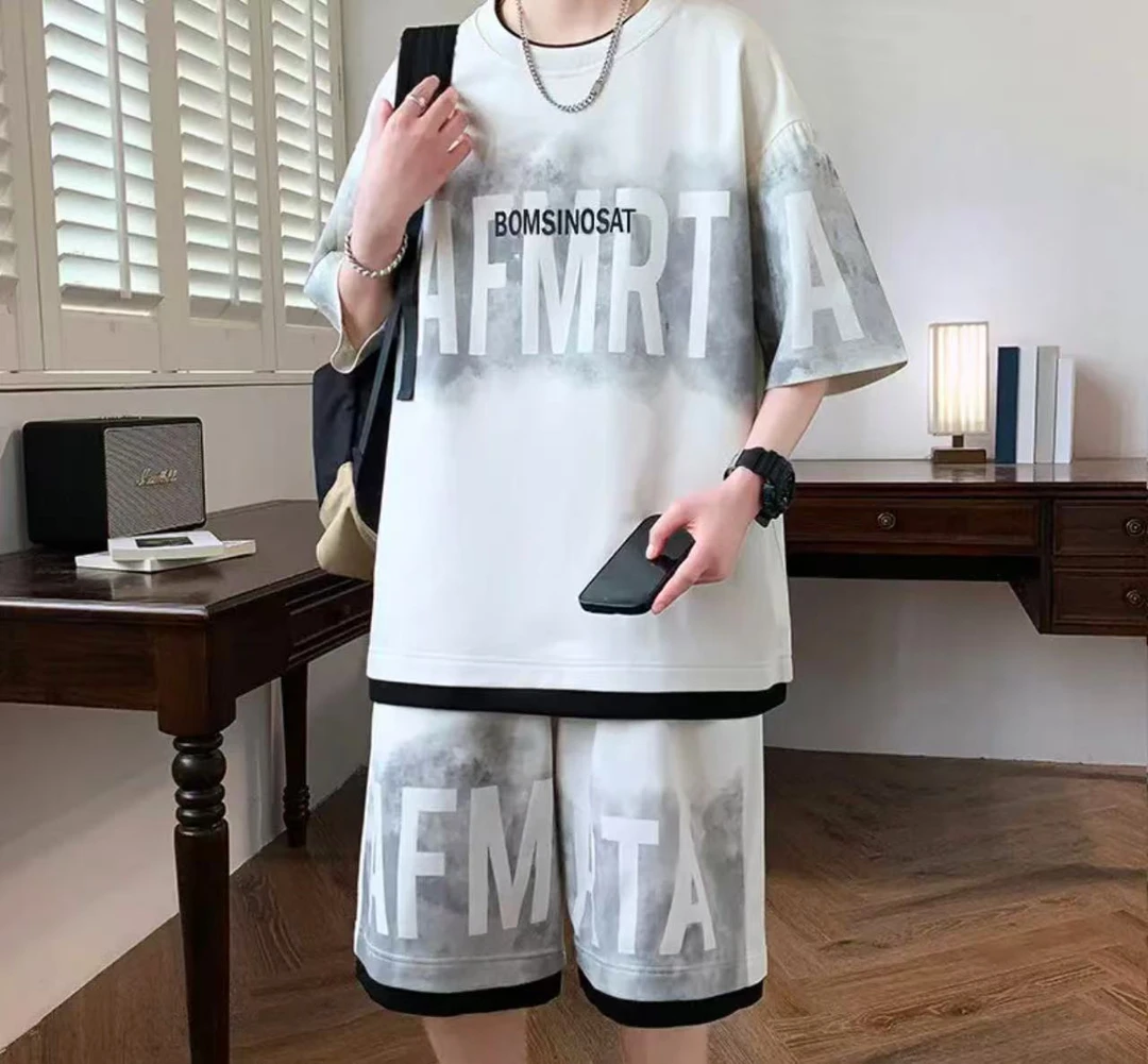 男士夏季套装运动时尚休闲百搭半袖宽松潮流大码薄款印花帅气